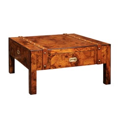 Retro English Mid-Century Campaign Burled Wood Coffee Table with Single Drawer