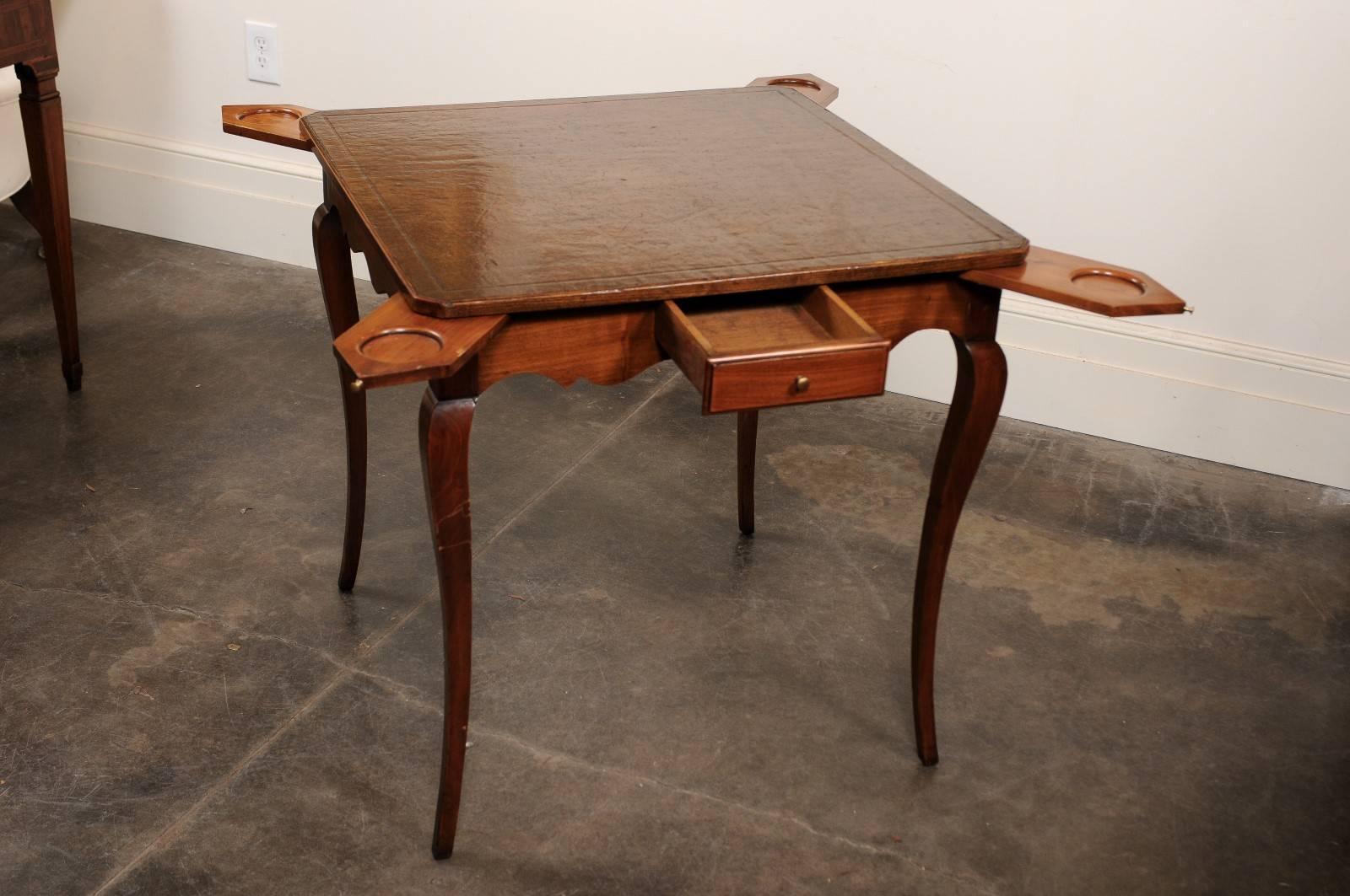 French Louis XV Style Game Table with Brown Tooled Leather Top and Pull Outs In Good Condition For Sale In Atlanta, GA