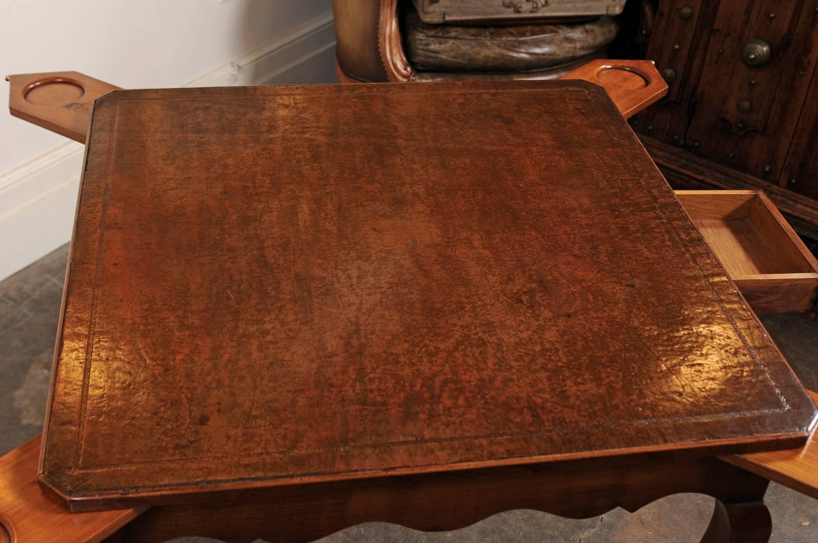 French Louis XV Style Game Table with Brown Tooled Leather Top and Pull Outs For Sale 2