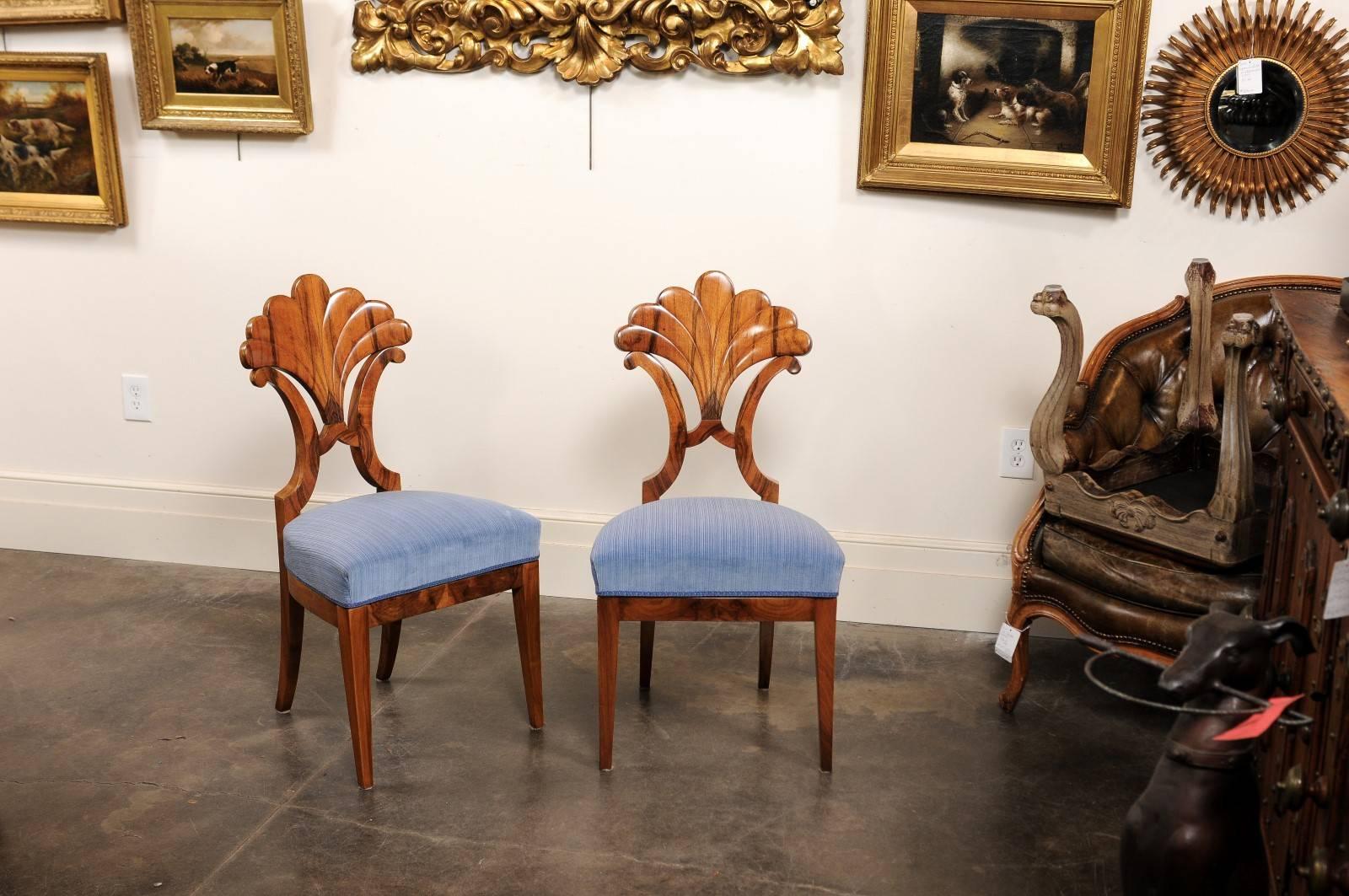 Pair of Austrian Biedermeier Fan Back Chairs with Light Blue Upholstery, 1840 In Excellent Condition In Atlanta, GA