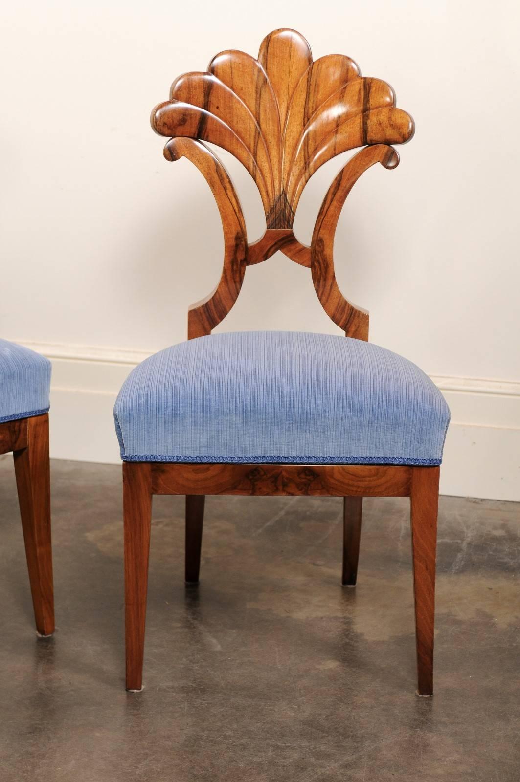 19th Century Pair of Austrian Biedermeier Fan Back Chairs with Light Blue Upholstery, 1840