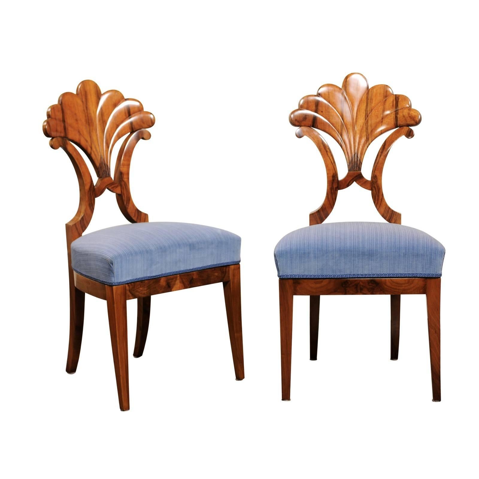 Pair of Austrian Biedermeier Fan Back Chairs with Light Blue Upholstery, 1840