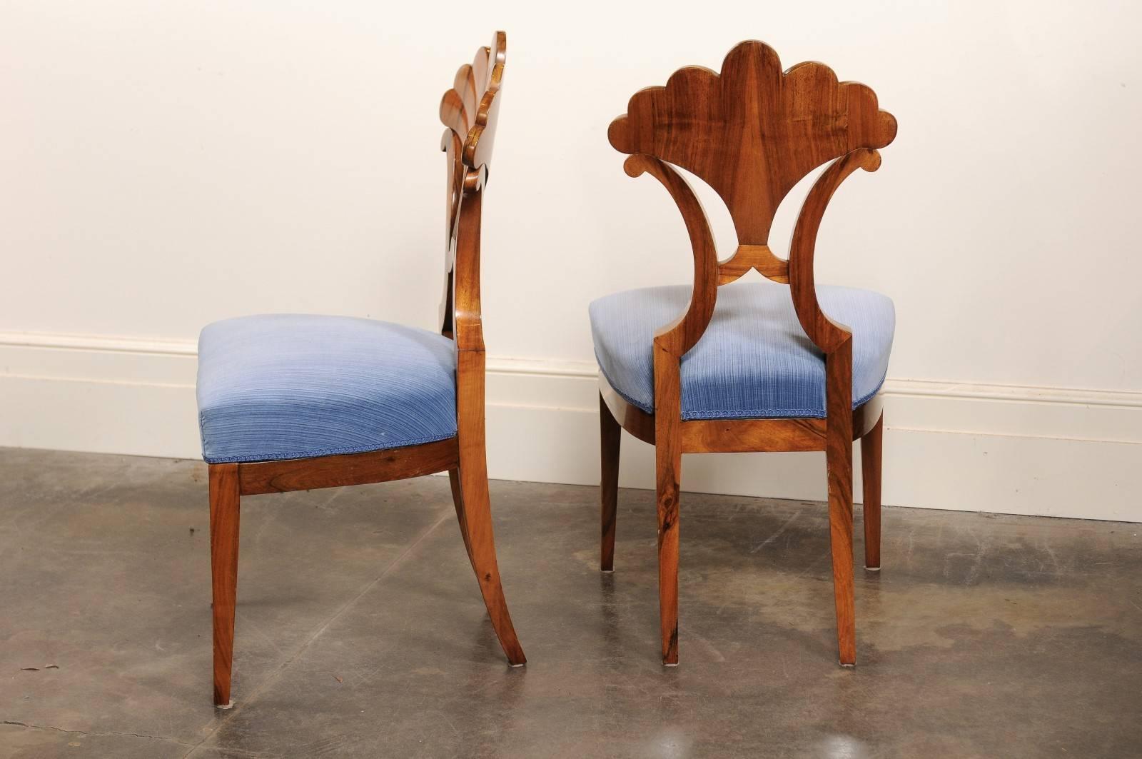 Walnut Pair of Austrian Biedermeier Fan Back Chairs with Light Blue Upholstery, 1840