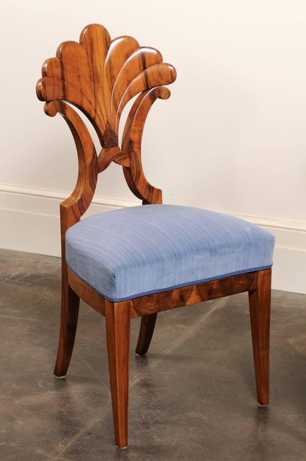 Pair of Austrian Biedermeier Fan Back Chairs with Light Blue Upholstery, 1840 1