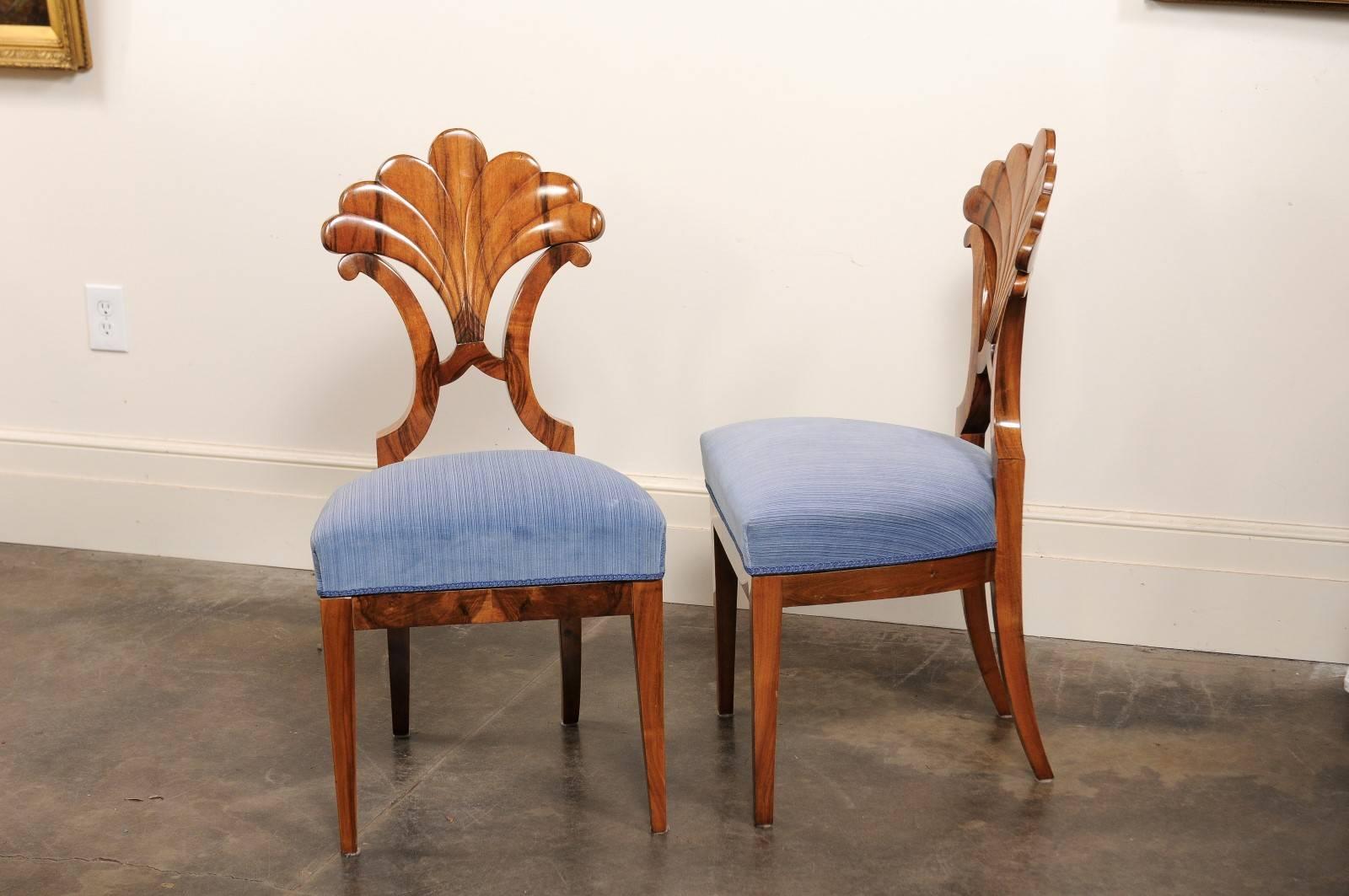 Pair of Austrian Biedermeier Fan Back Chairs with Light Blue Upholstery, 1840 4