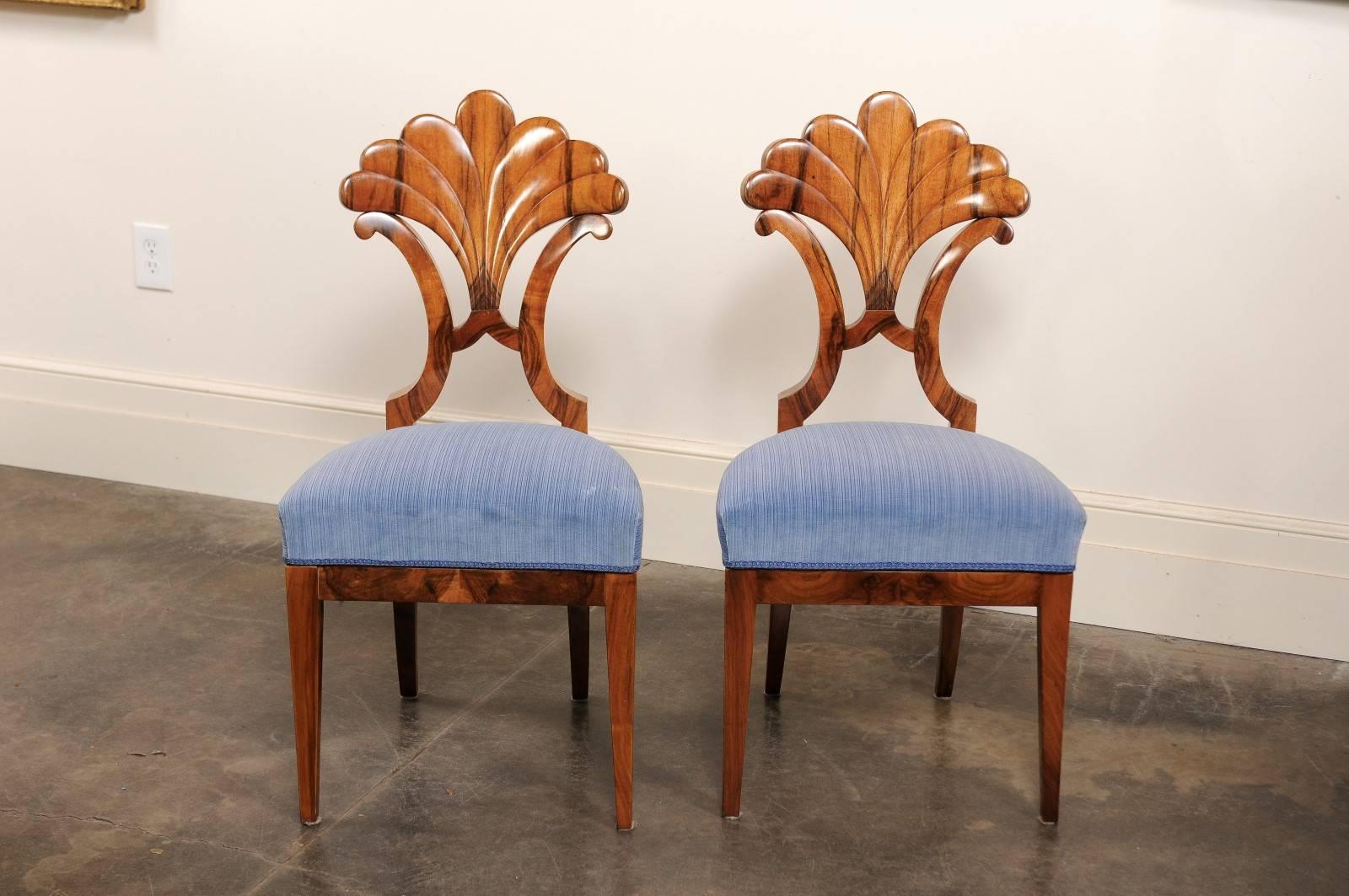 Pair of Austrian Biedermeier Fan Back Chairs with Light Blue Upholstery, 1840 2
