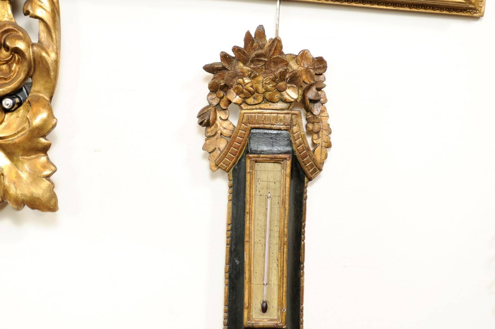 19th Century French Louis XVI Style Gilded and Painted Wood Barometer from the Early 1800s For Sale