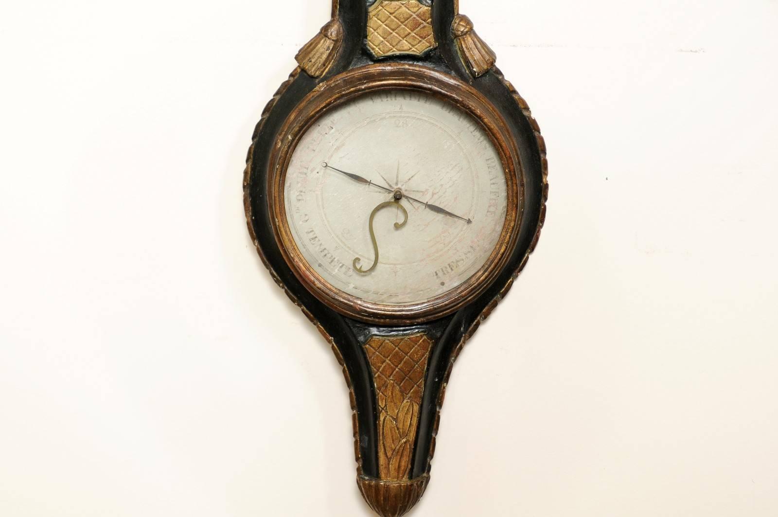 Glass French Louis XVI Style Gilded and Painted Wood Barometer from the Early 1800s For Sale