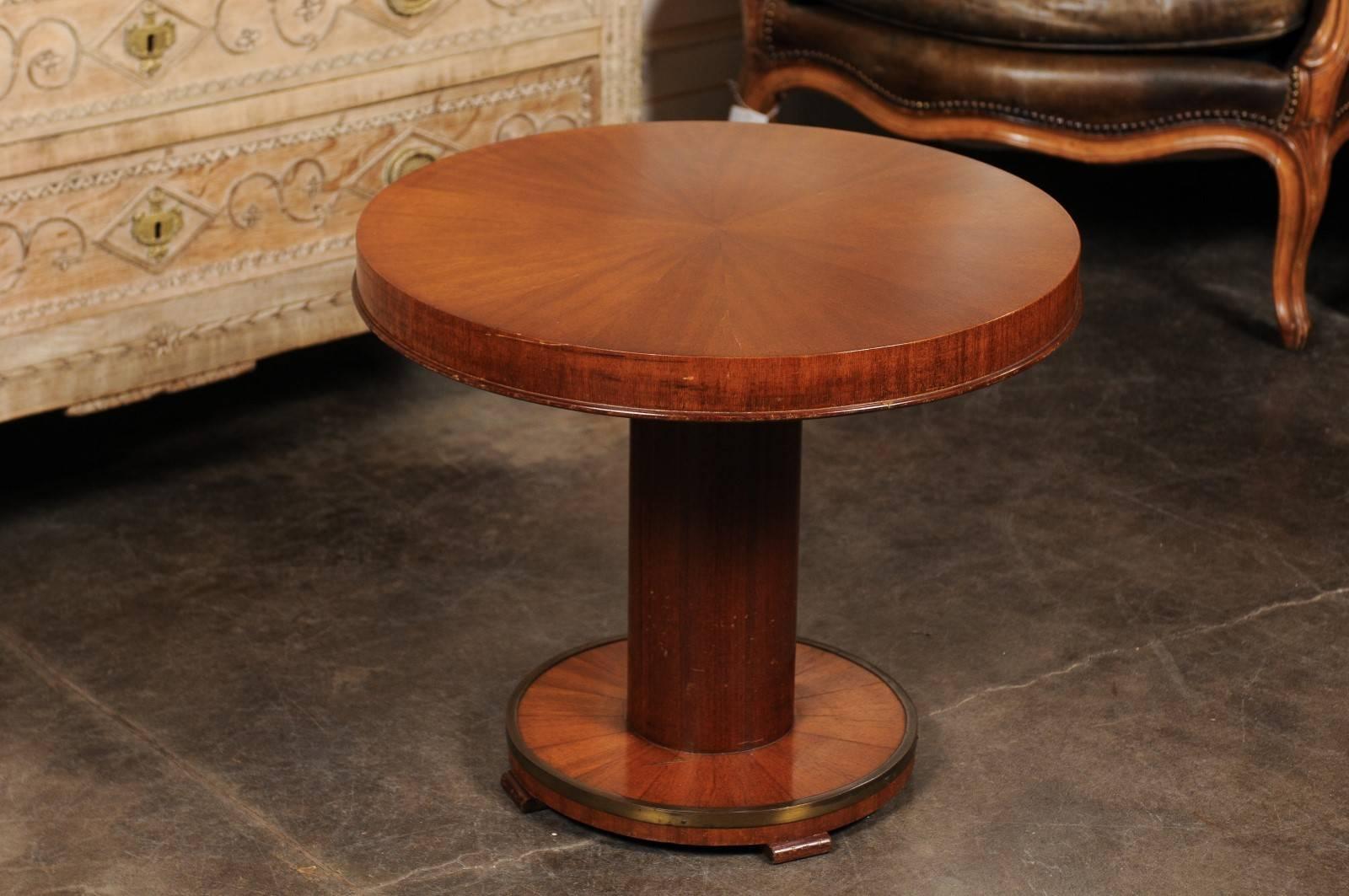 Petite French Mahogany Veneered Cocktail Table with Brass Ring, circa 1950 2