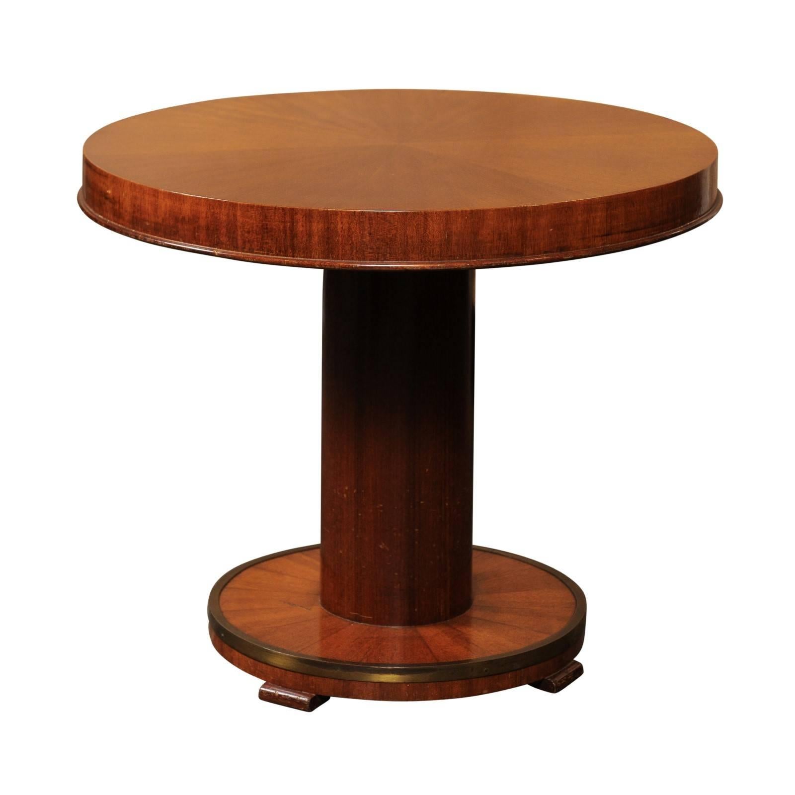 Petite French Mahogany Veneered Cocktail Table with Brass Ring, circa 1950
