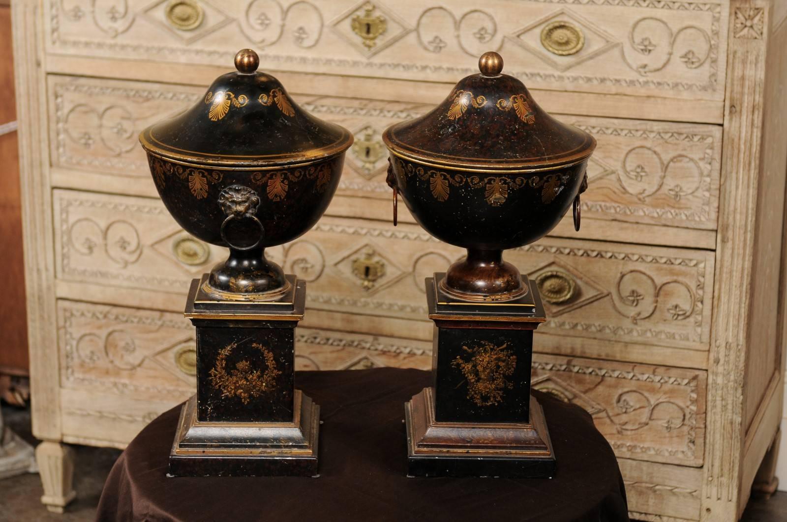 Pair of French 1920s Tole Black Tole Urns on Pedestals with Gilded Accents 2