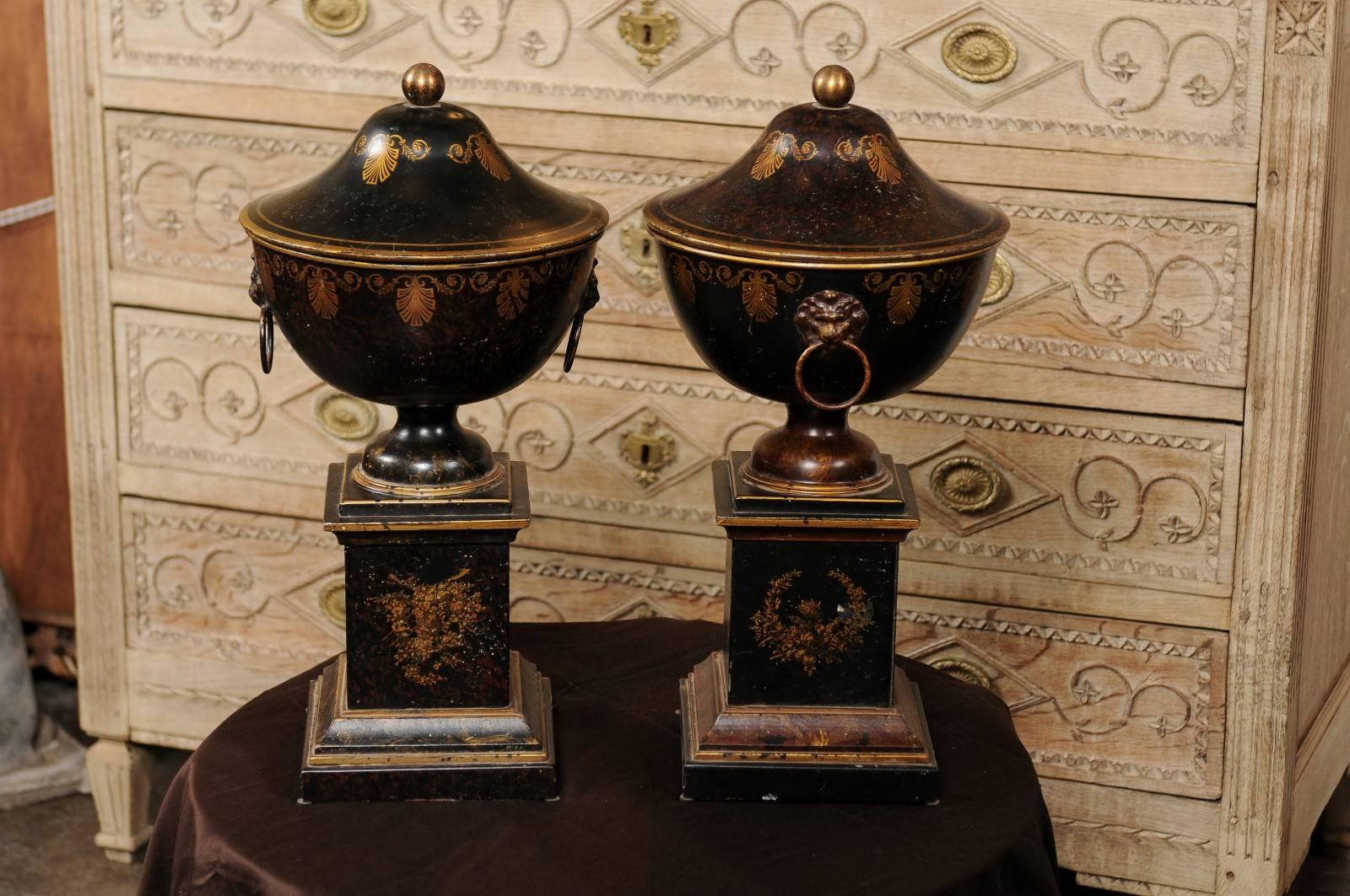 Pair of French 1920s Tole Black Tole Urns on Pedestals with Gilded Accents 3