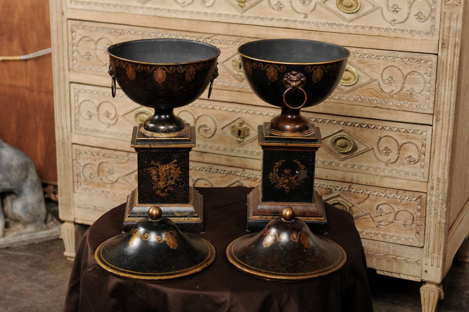 Pair of French 1920s Tole Black Tole Urns on Pedestals with Gilded Accents 5