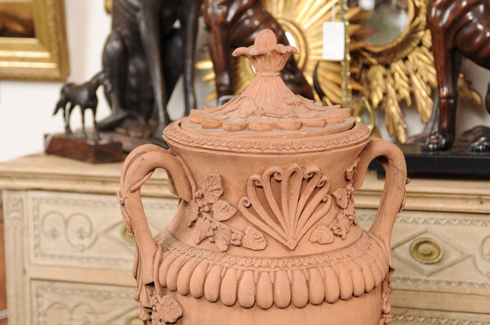 Pair of 1930s Oversized Vintage French Terracotta Urns with Lid and Handles In Good Condition In Atlanta, GA