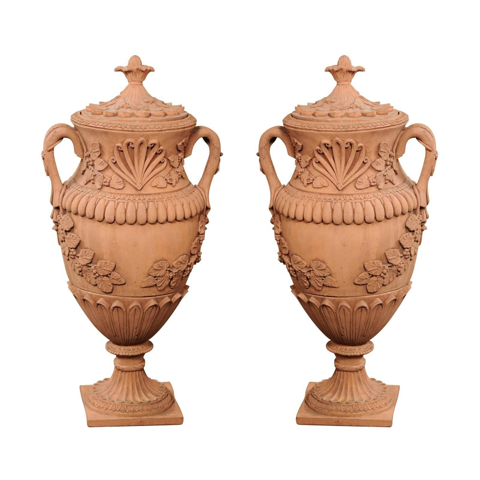 Pair of 1930s Oversized Vintage French Terracotta Urns with Lid and Handles