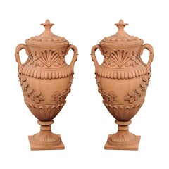 Pair of 1930s Oversized Vintage French Terracotta Urns with Lid and Handles