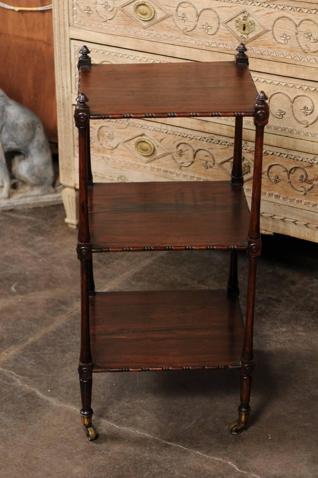 Brass English 1850s Rosewood Three-Tiered Trolley with Carved Side Posts and Casters For Sale