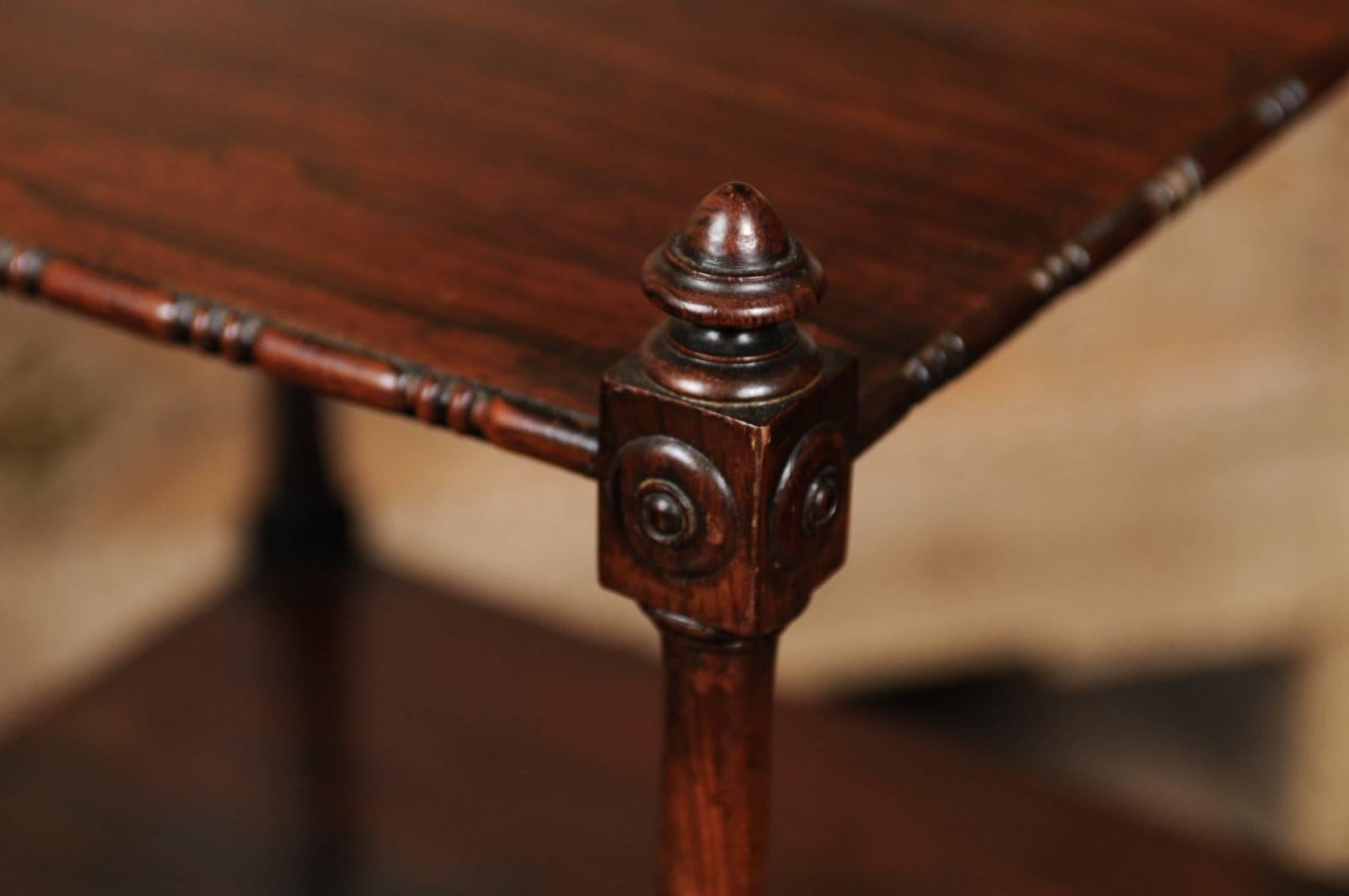 English 1850s Rosewood Three-Tiered Trolley with Carved Side Posts and Casters For Sale 3