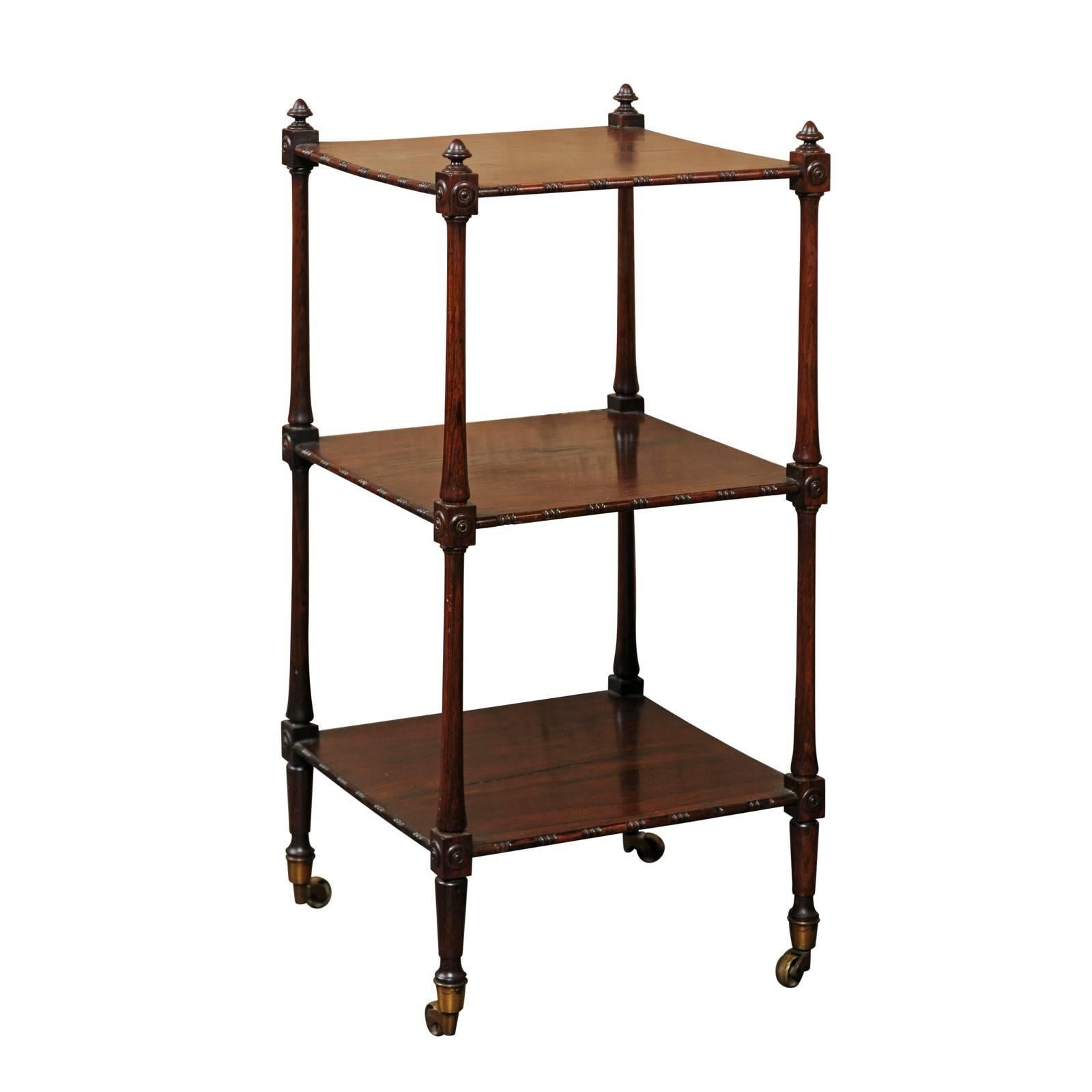 English 1850s Rosewood Three-Tiered Trolley with Carved Side Posts and Casters For Sale