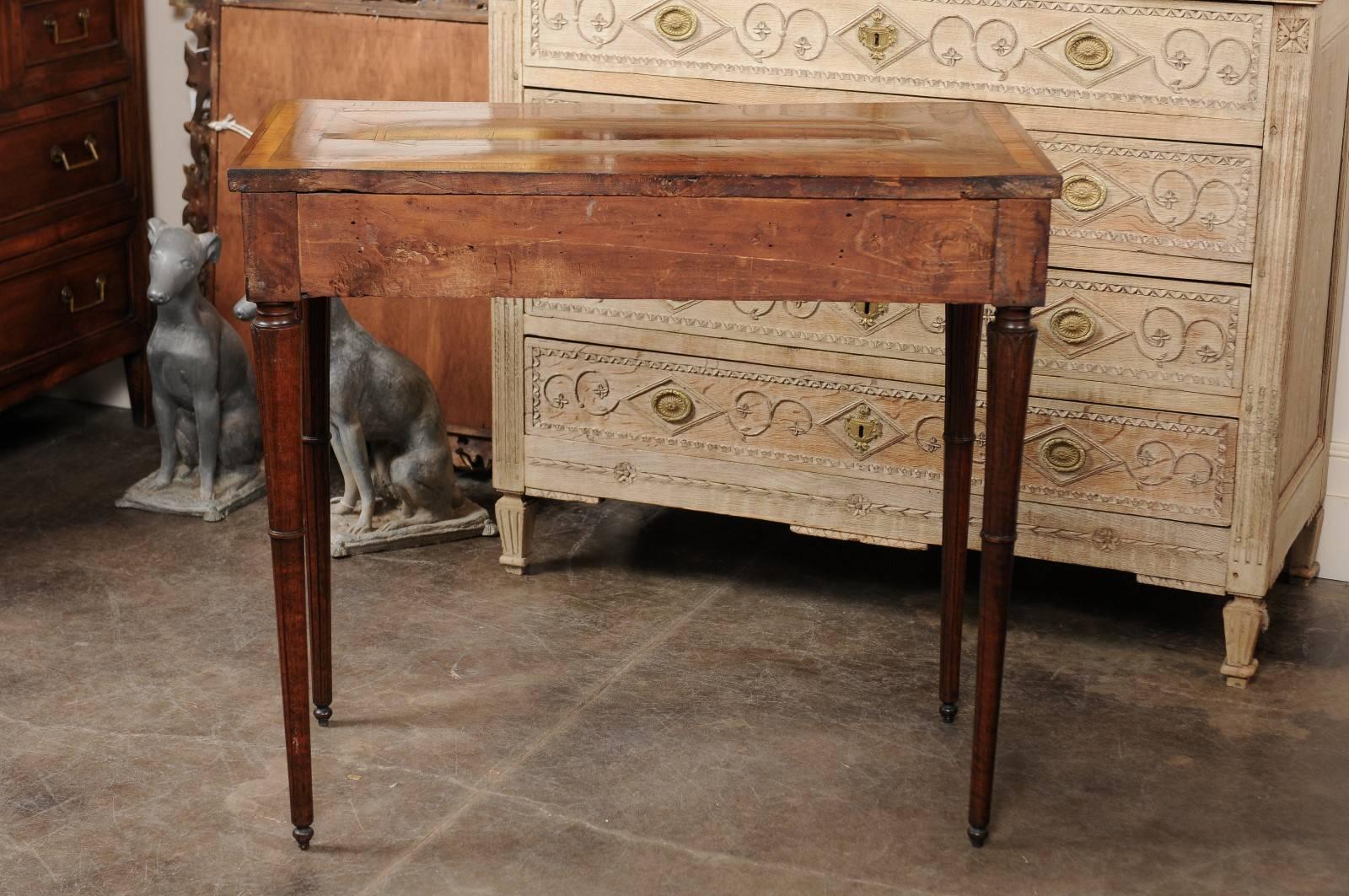 18th Century and Earlier Italian 18th Century Walnut Console Table with Inlaid Top and Carved Fluted Legs For Sale