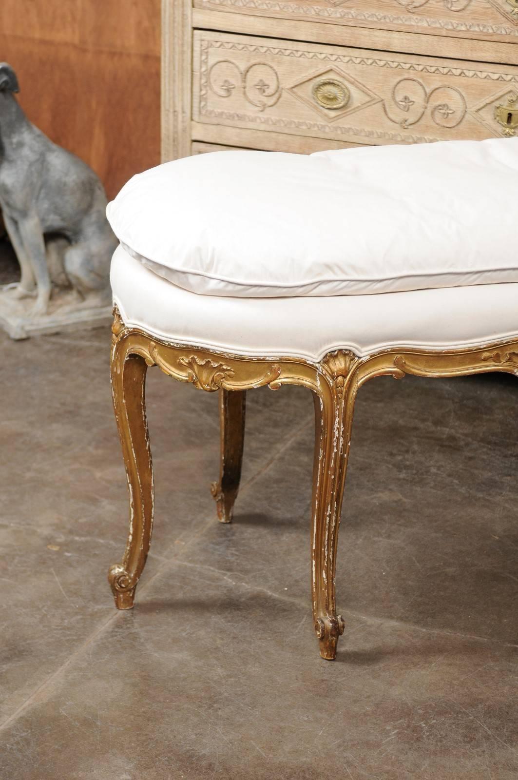 20th Century French Louis XV Style Upholstered Bench with Giltwood Frame, circa 1920 For Sale