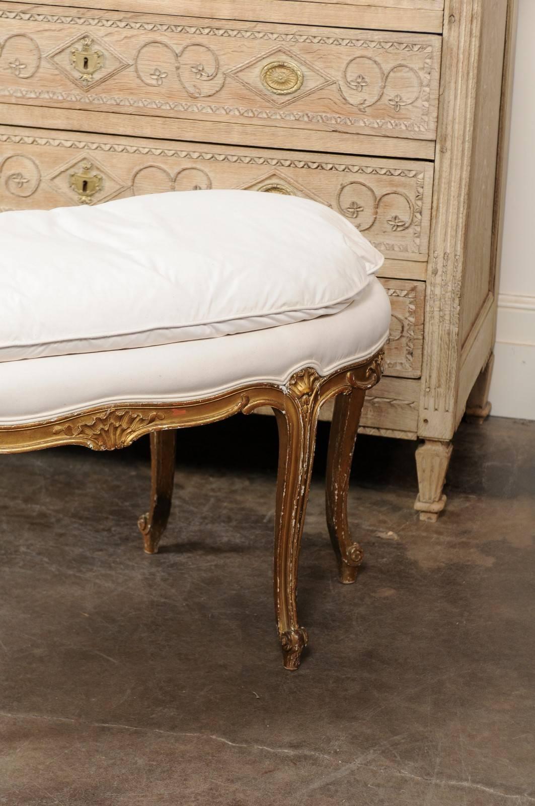 Upholstery French Louis XV Style Upholstered Bench with Giltwood Frame, circa 1920 For Sale