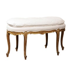 French Louis XV Style Upholstered Bench with Giltwood Frame, circa 1920