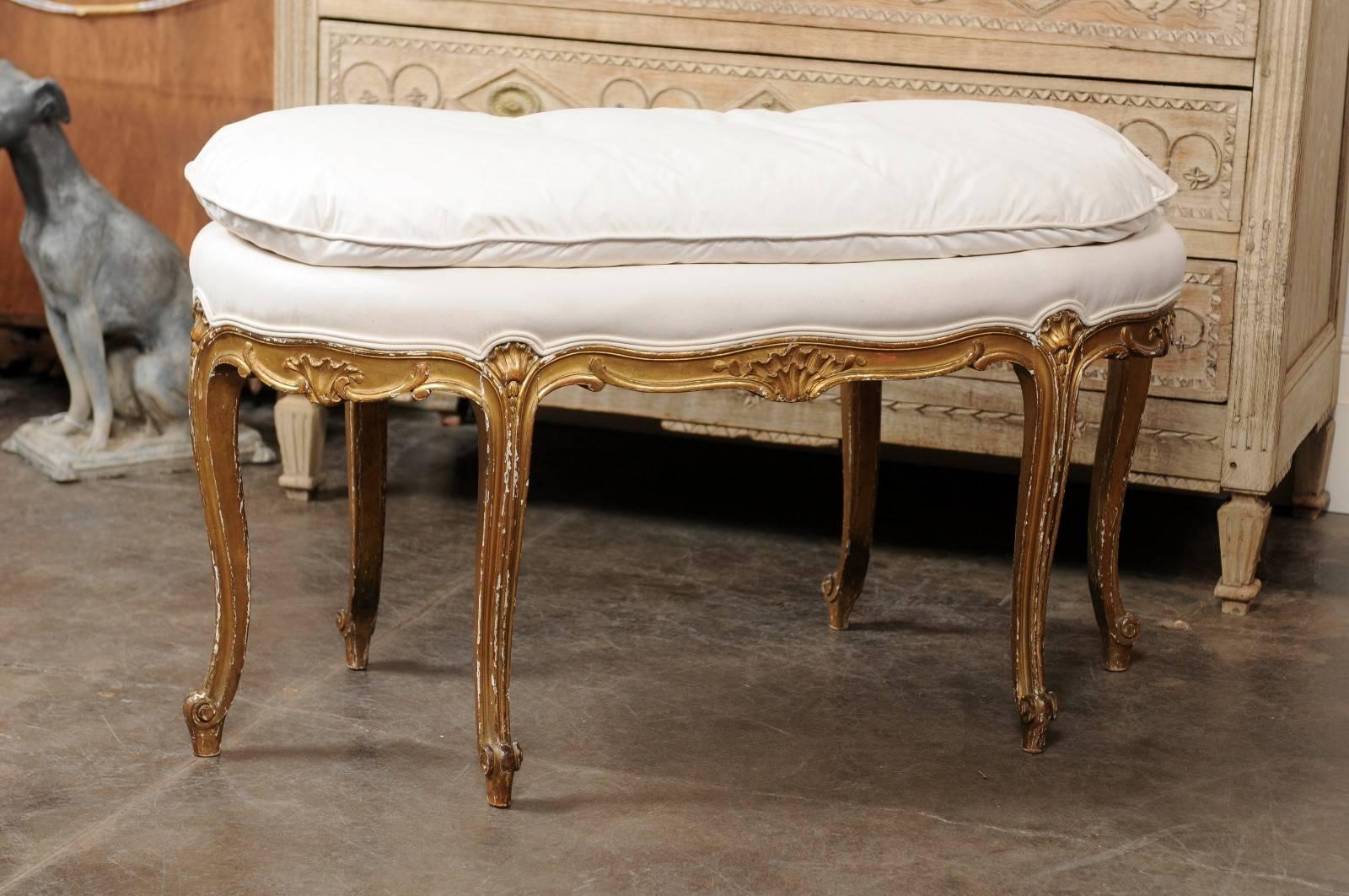 Cet exquis banc français de style Louis XV, datant du début du 20e siècle, présente une assise ovale tapissée de mousseline lisse avec un coussin fait sur mesure sur un beau corps en bois doré. La jupe galbée est délicatement décorée de motifs de