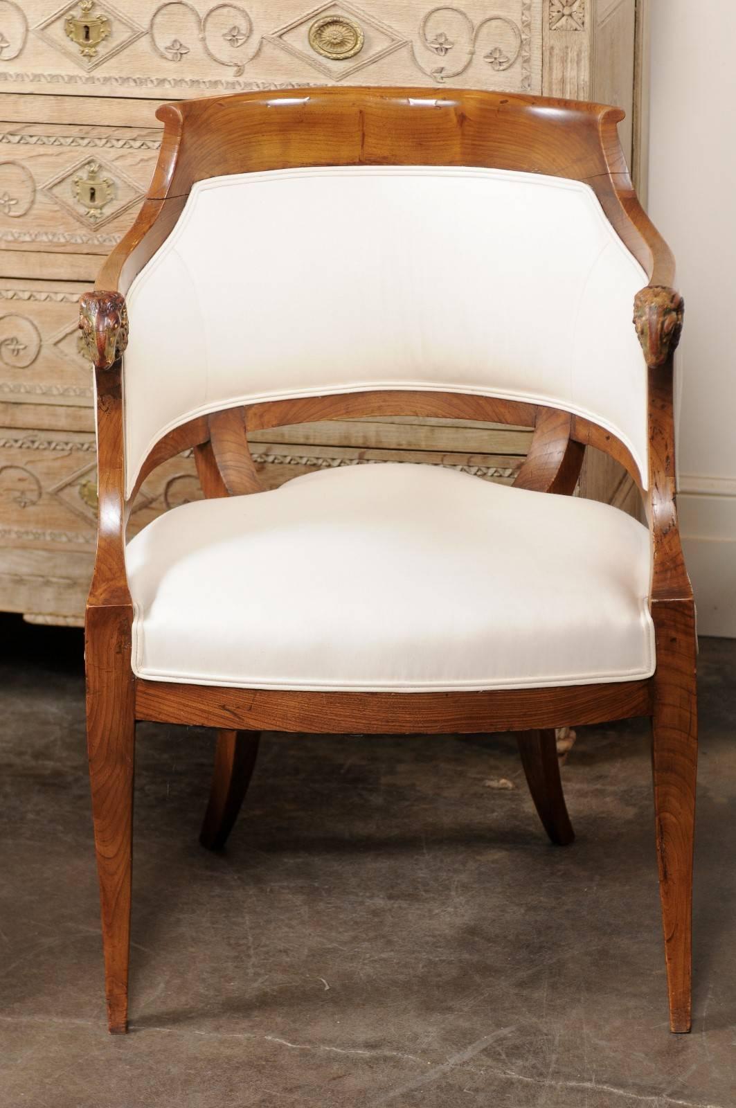 Pair of Austrian 1840 Biedermeier Barrel Back Armchairs with Carved Ram's Heads In Excellent Condition In Atlanta, GA