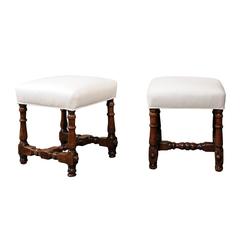 Pair of Italian Walnut Stools with Upholstered Seats and Turned Legs, circa 1710