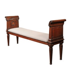 Antique English, 1880s Oak Backless Bench with Out-Scrolled Arms and Upholstered Seat