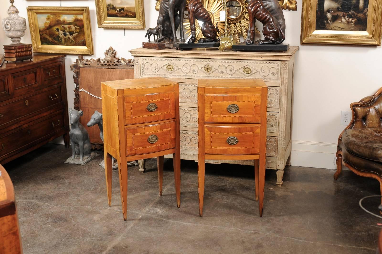 Veneer Pair of Petite Austrian Biedermeier Two-Drawer Commodes with Inlay, circa 1840 For Sale
