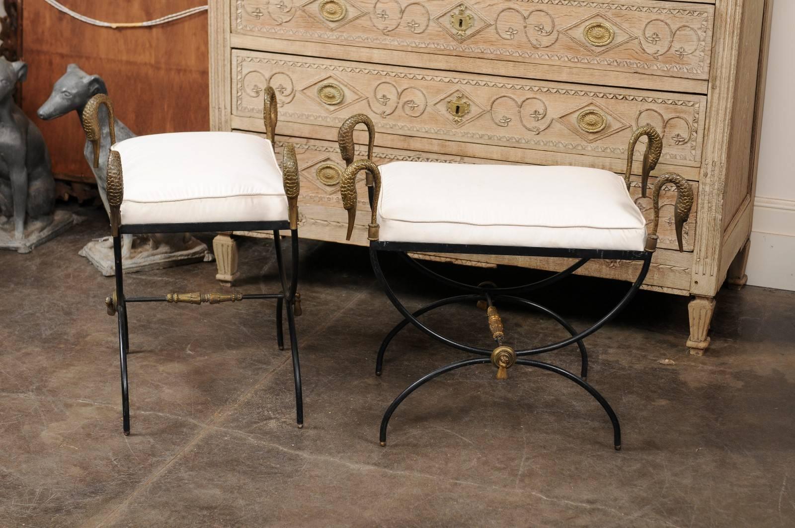 Pair of French Vintage Neoclassical Style Curule Iron Stools with Brass Swans 1