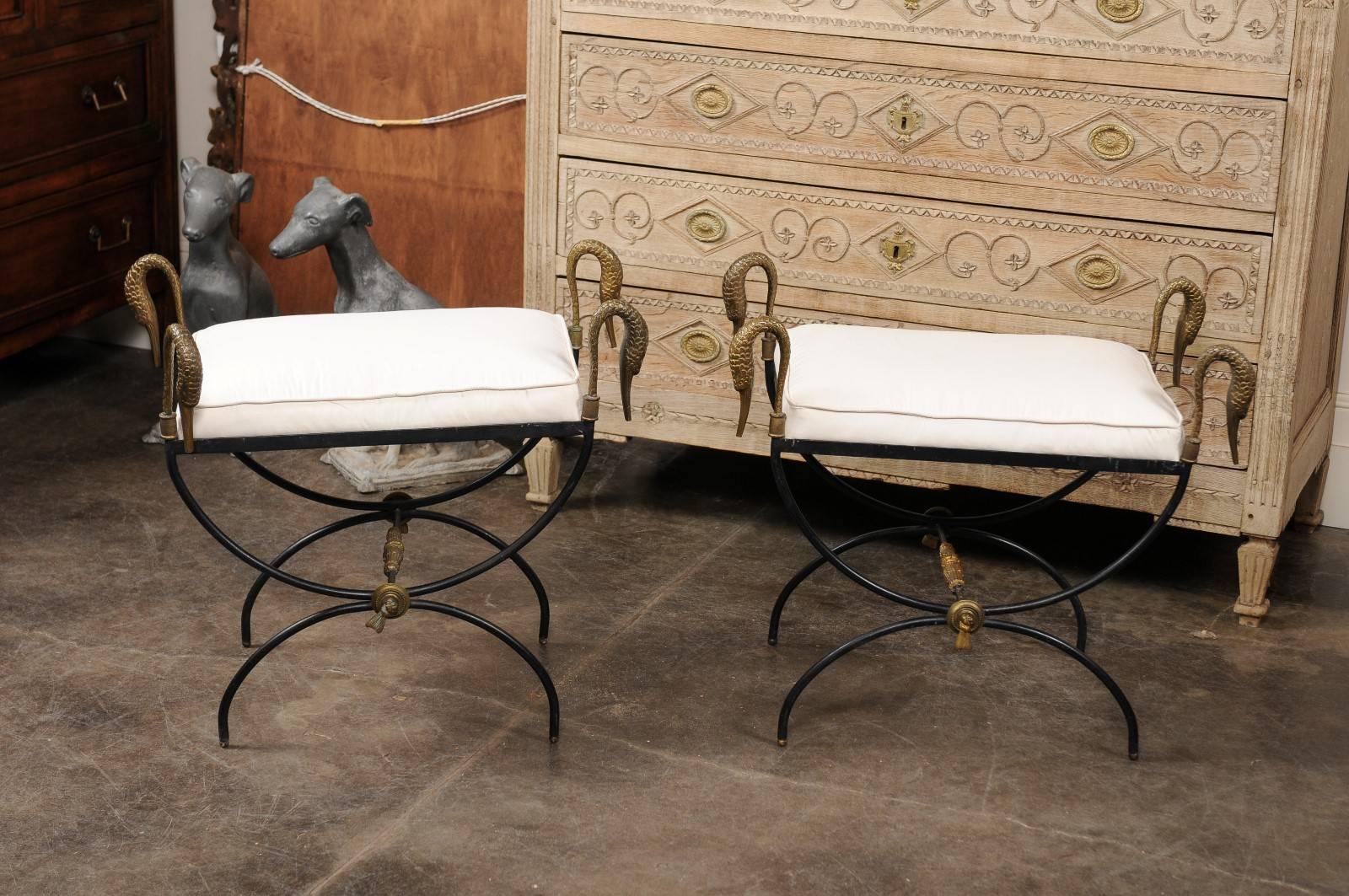 Pair of French Vintage Neoclassical Style Curule Iron Stools with Brass Swans 3