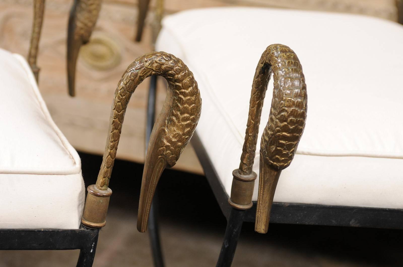 Pair of French Vintage Neoclassical Style Curule Iron Stools with Brass Swans 6