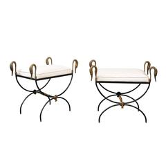 Pair of French Vintage Neoclassical Style Curule Iron Stools with Brass Swans 7