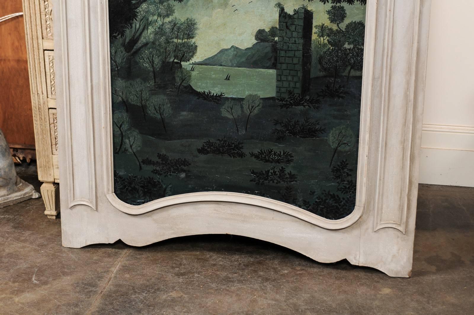 Canvas French Trumeau Painting from the Late 19th Century with Ruins and Lake For Sale