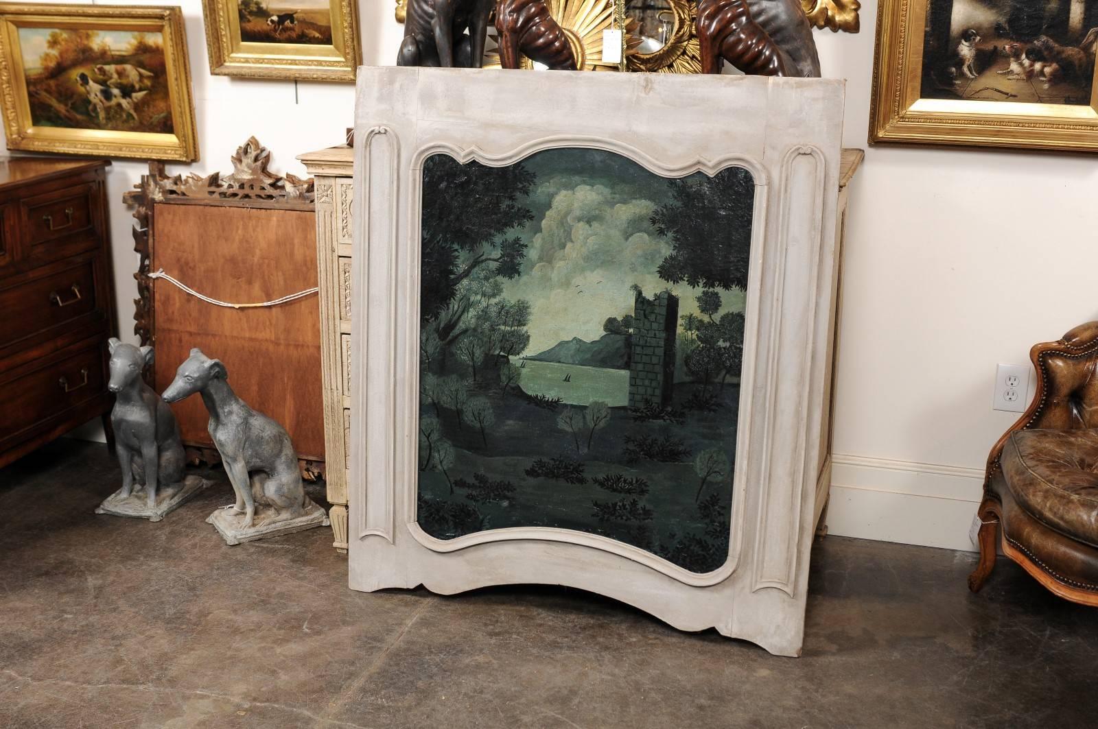 Painted French Trumeau Painting from the Late 19th Century with Ruins and Lake For Sale