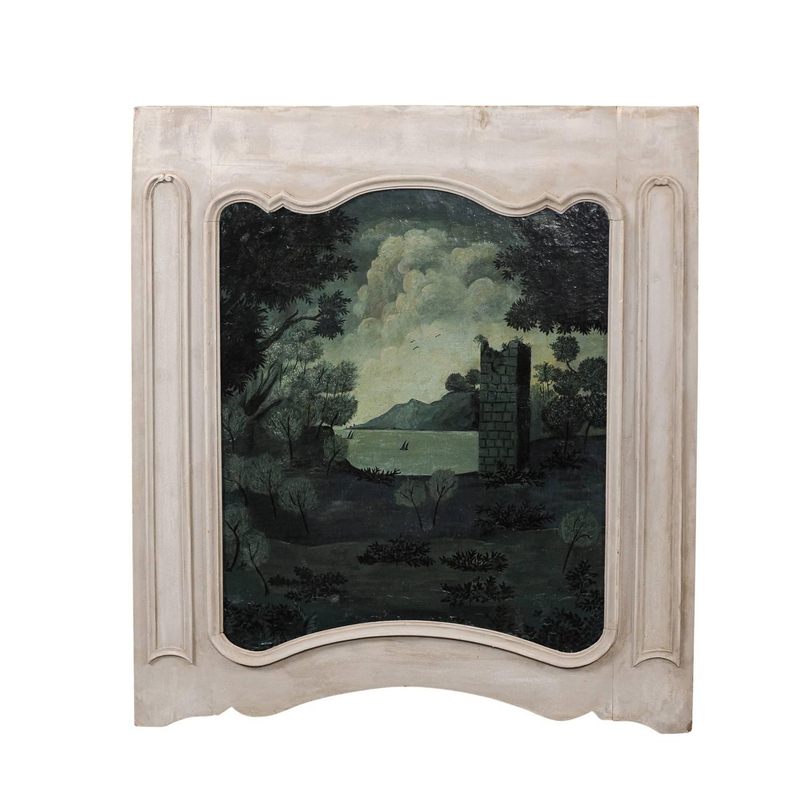 French Trumeau Painting from the Late 19th Century with Ruins and Lake For Sale