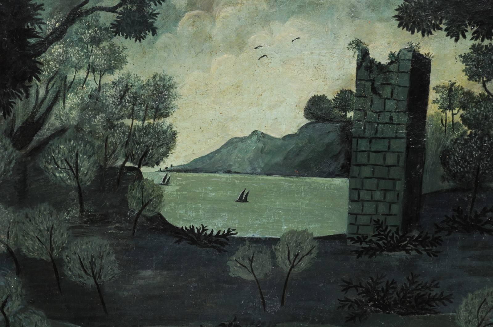 French Trumeau Painting from the Late 19th Century with Ruins and Lake For Sale 3