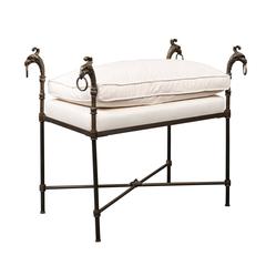 French Turn of the Century Iron Upholstered Stool with Bronze Griffin Heads