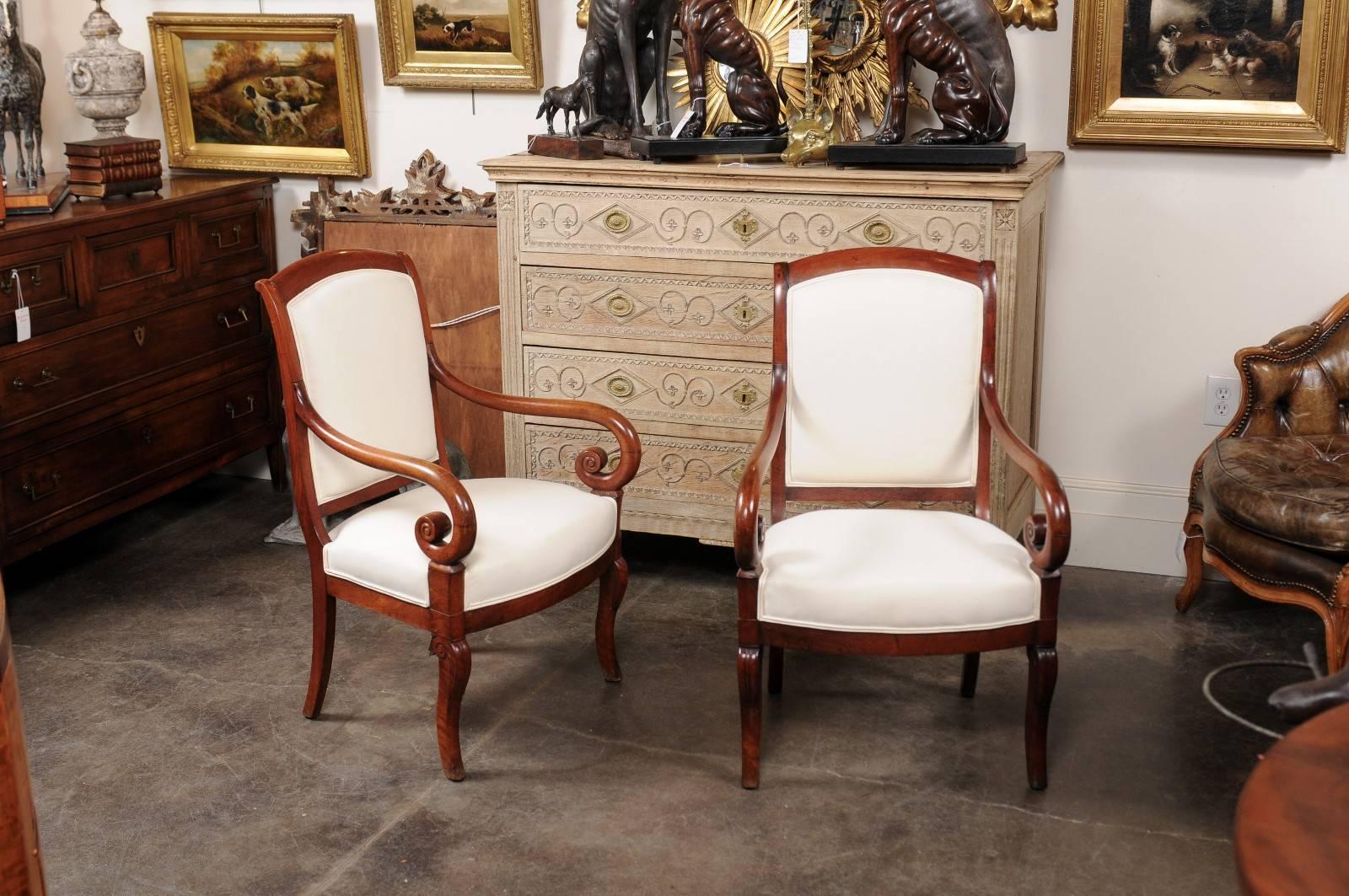 Pair of French Mid-19th Century Empire Style Walnut Fauteuils with Volute Arms In Good Condition In Atlanta, GA