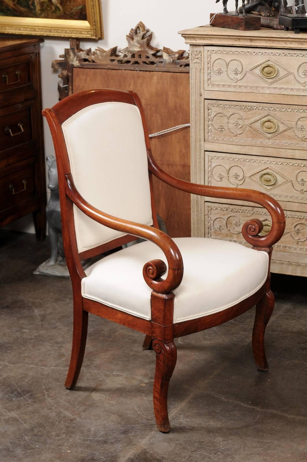 Muslin Pair of French Mid-19th Century Empire Style Walnut Fauteuils with Volute Arms