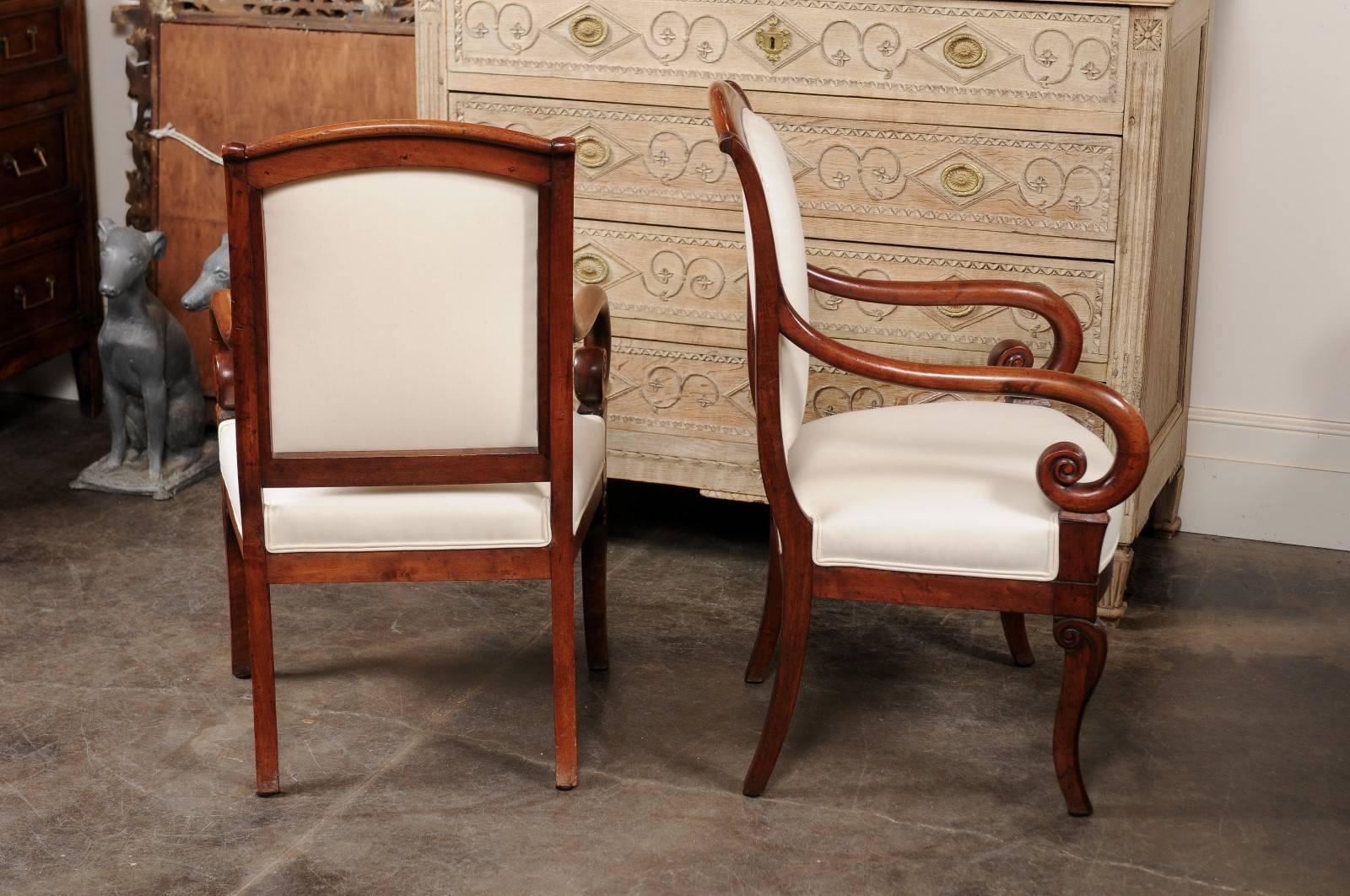 Pair of French Mid-19th Century Empire Style Walnut Fauteuils with Volute Arms 3