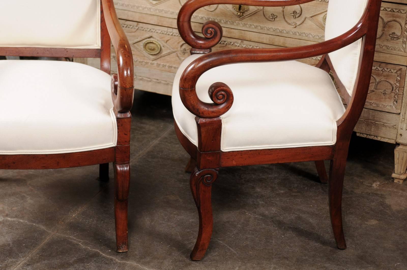 Pair of French Mid-19th Century Empire Style Walnut Fauteuils with Volute Arms 6