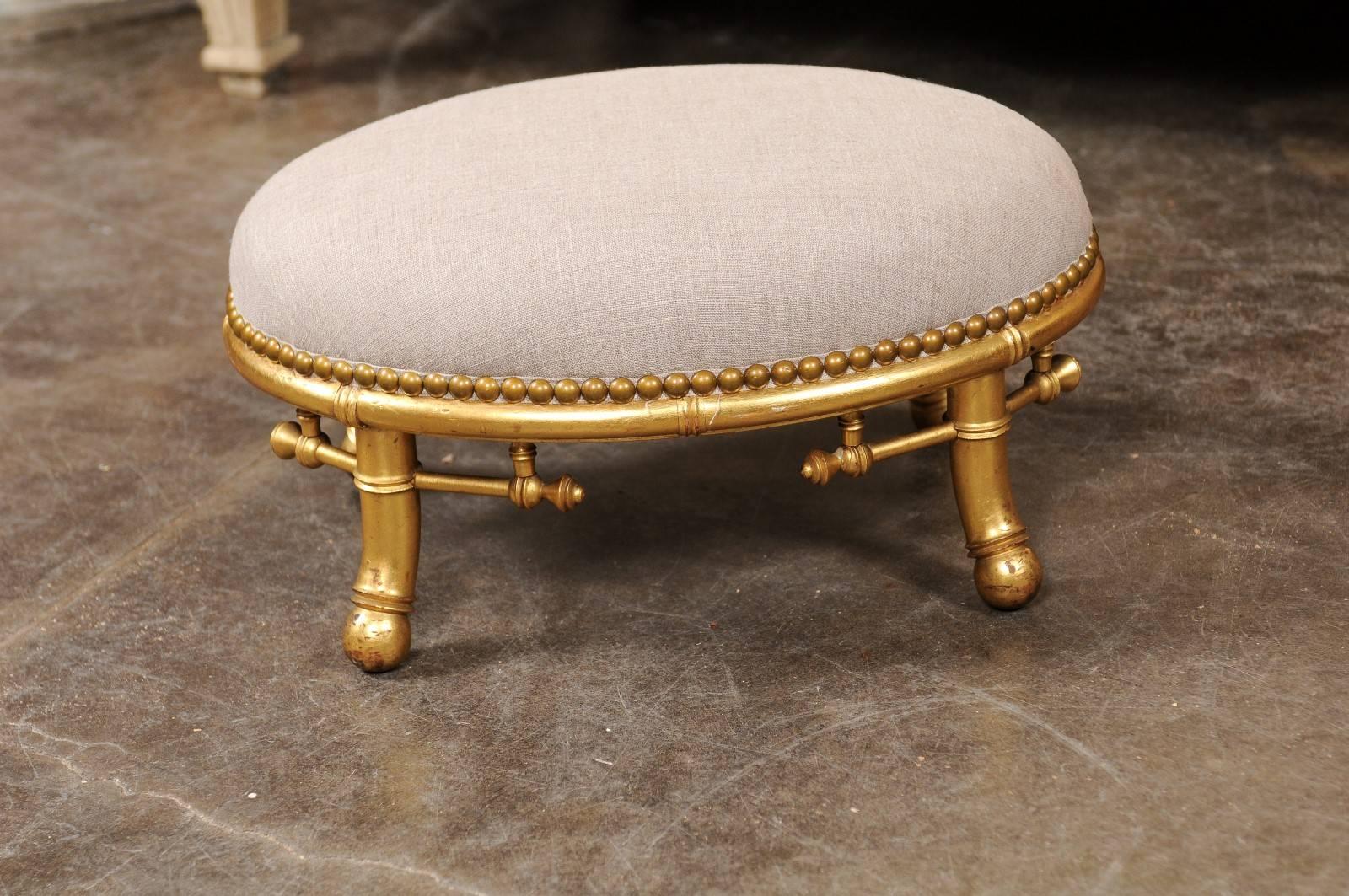 Chinoiserie English 1900s Giltwood Faux-Bamboo Upholstered Footstool