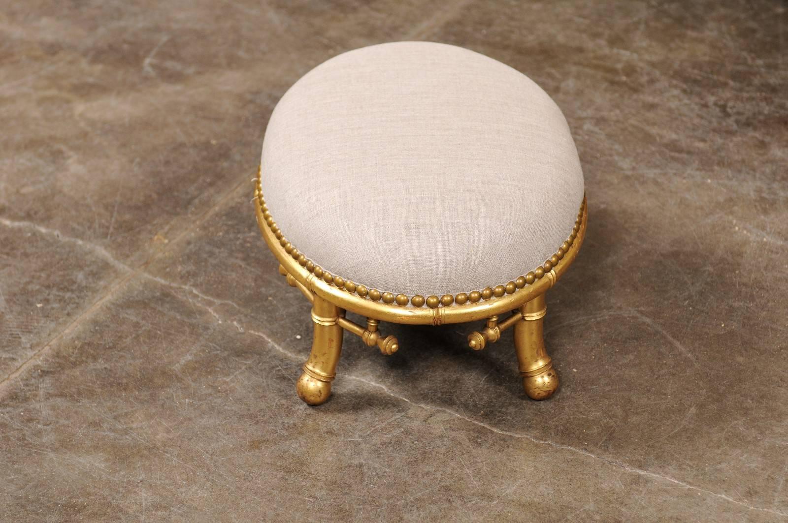 English 1900s Giltwood Faux-Bamboo Upholstered Footstool In Good Condition In Atlanta, GA