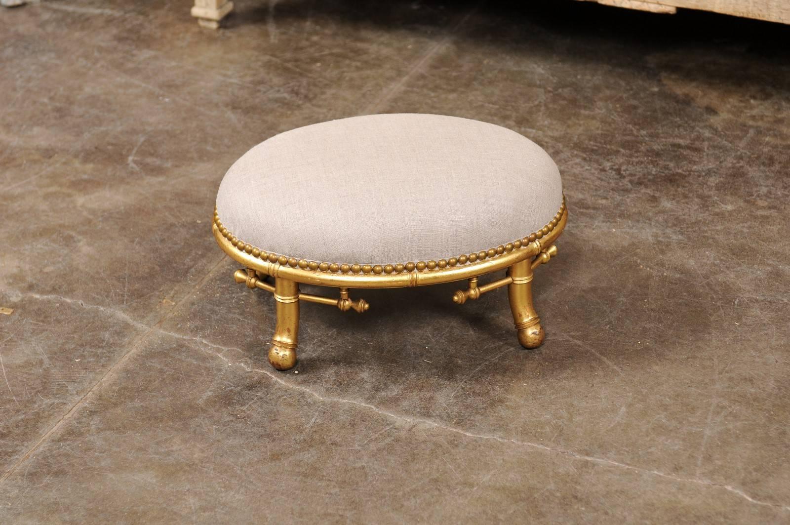 20th Century English 1900s Giltwood Faux-Bamboo Upholstered Footstool