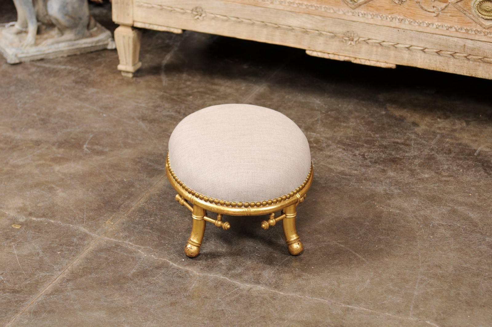 Faux Bamboo English 1900s Giltwood Faux-Bamboo Upholstered Footstool