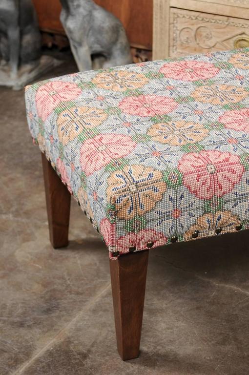 Upholstered Ottoman Made of Midcentury Colorful Turkish Rug over Custom